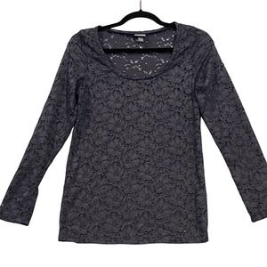 Y2K Dark Gray Lace Long Sleeve Scoop Neck Top Medium Fairy Goth Dark Romantic